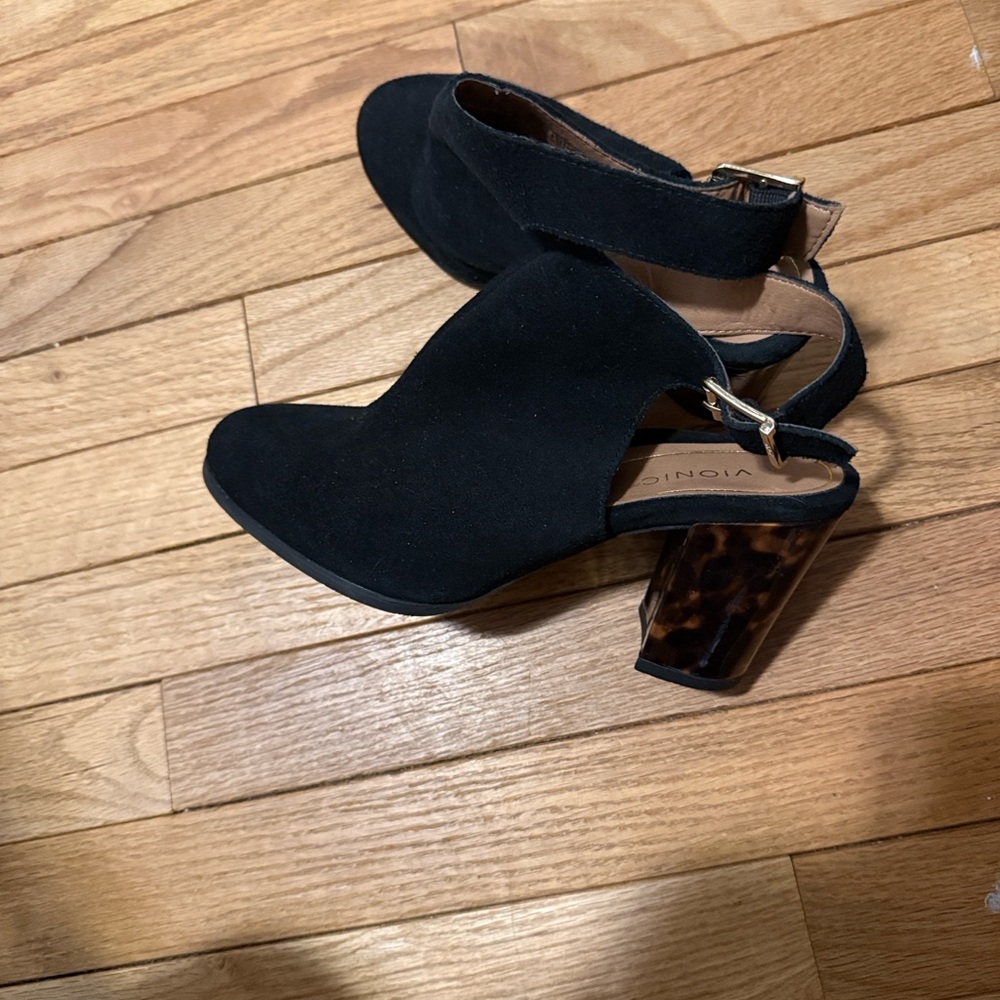 Vionic Black Suede Heeled Boots with Tortoise Accents